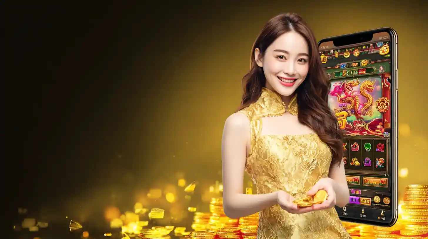 หญิงสาวถือมือถือคาสิโนพร้อมเหรียญทองในไทย
