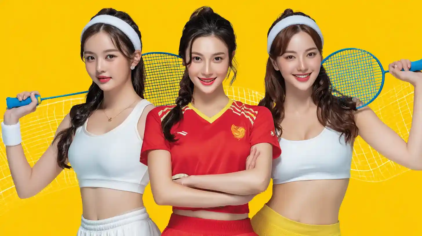 หญิงสาวสามคนพร้อมอุปกรณ์กีฬาสีสดใสในไทย